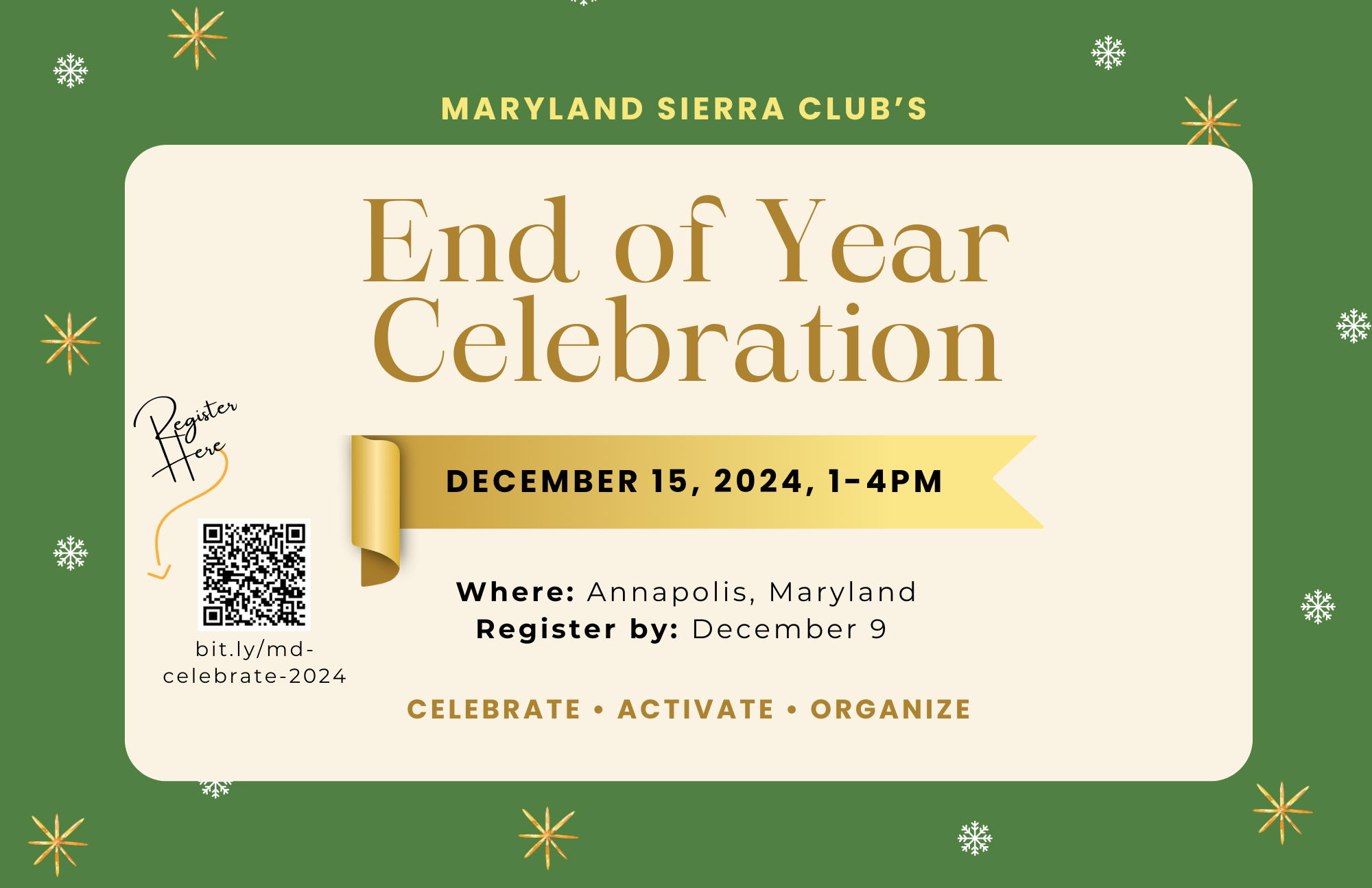 Maryland Sierra Club End of Year Celebration Invite, December 15 1pm to 4pm, in Annapolis Maryland. Register by December 9.