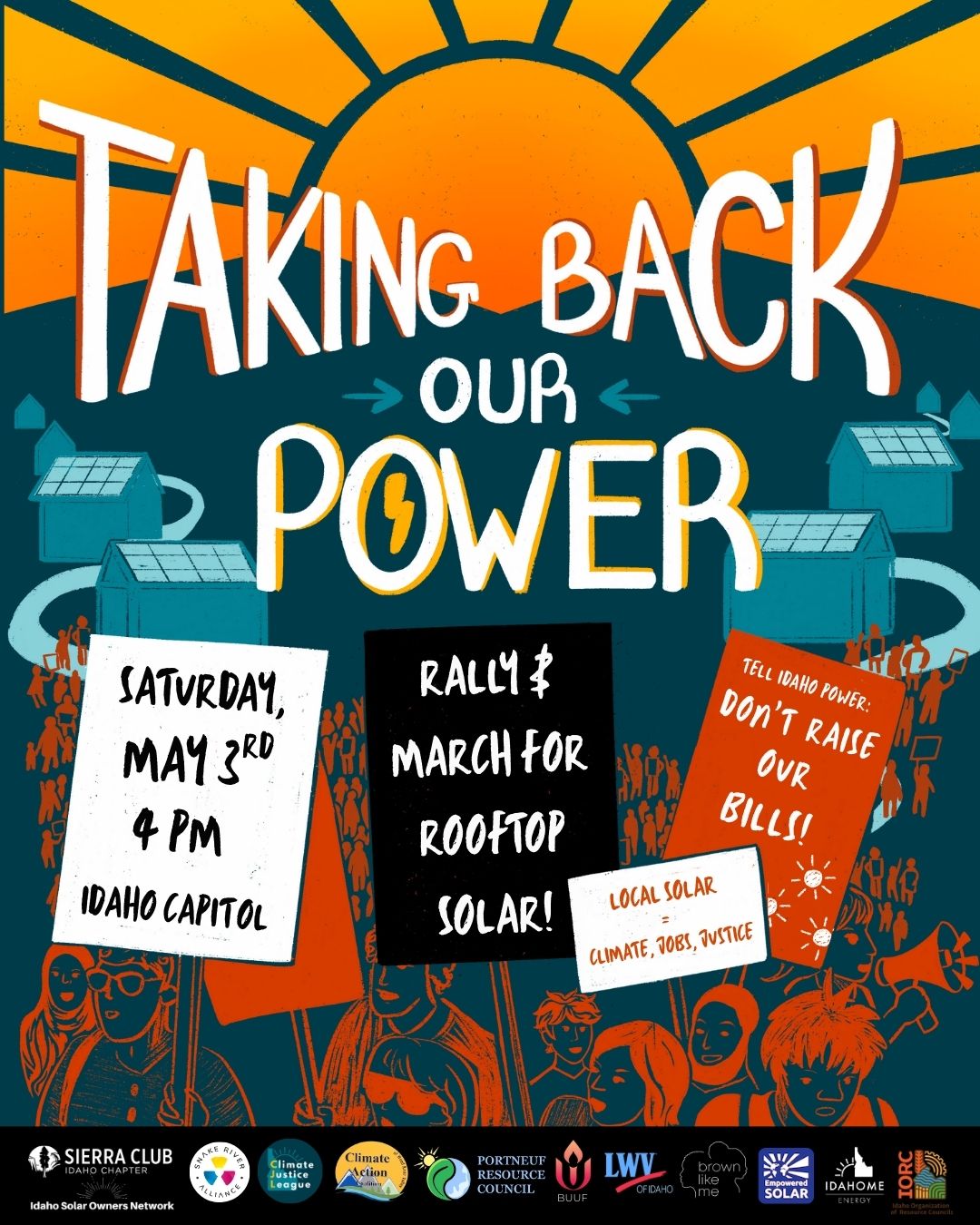 graphic of rally flyer, sunrays at the top, people marching with signs on bottom, homes with solar panels in background