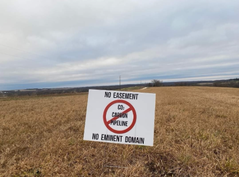 Yard sign in the middle of a corn field that reads No Easement, No Eminent Domain, red no symbol CO2 Carbon Pipeline