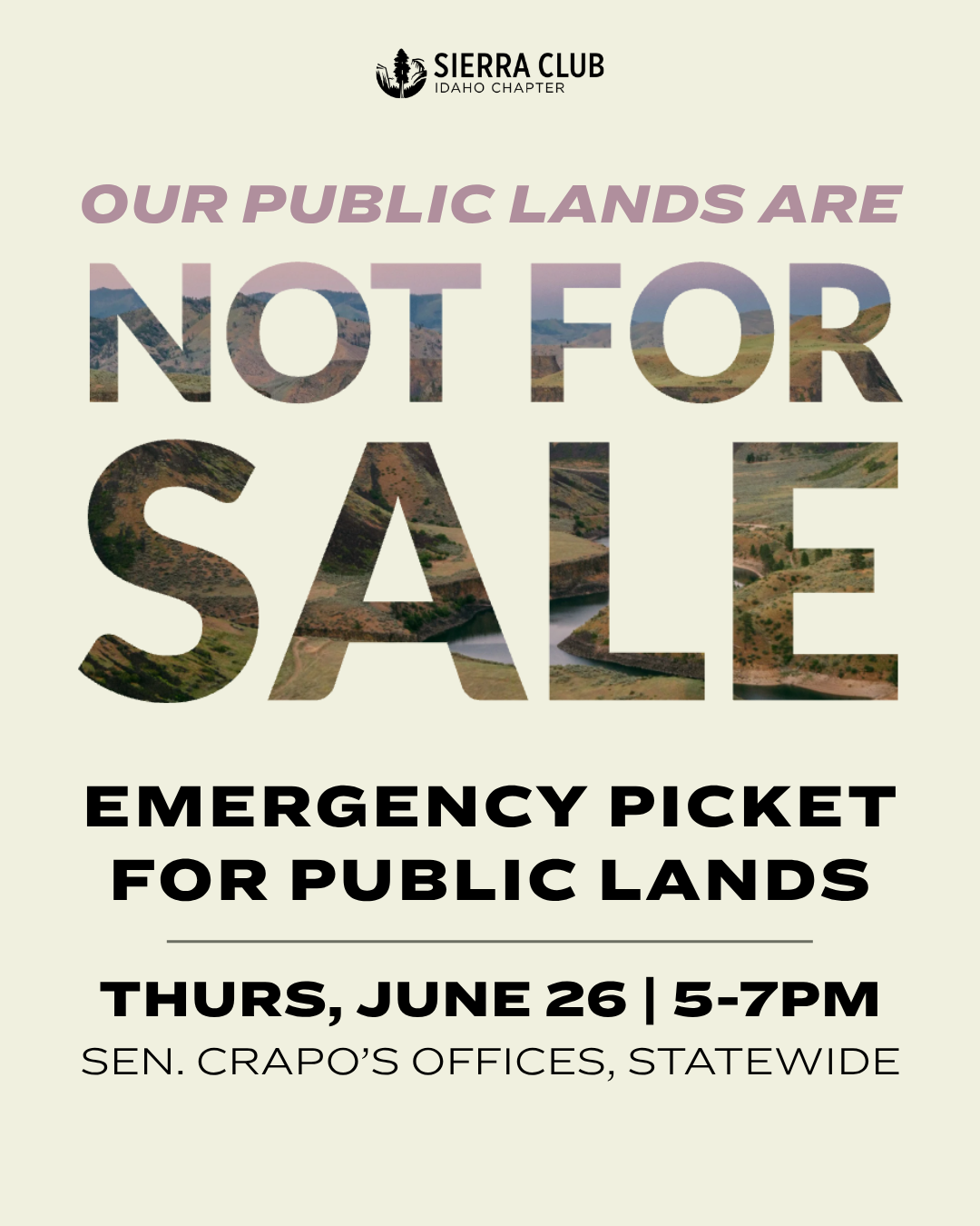 Says Our Public Lands are NOT FOR SALE with landscape behind the words, and info about the event and