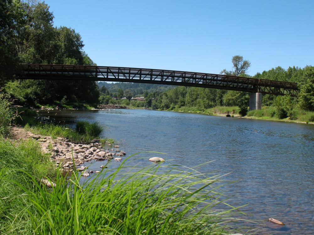 2.2 mile paved and gravel trail across open and wooded riparian areas to a steel and wood pedestrian bridge. We have views up and down the river from the bridge. Depending on the trail's condition, we may have an optional short, narrow dirt and gravel trail down to the river.