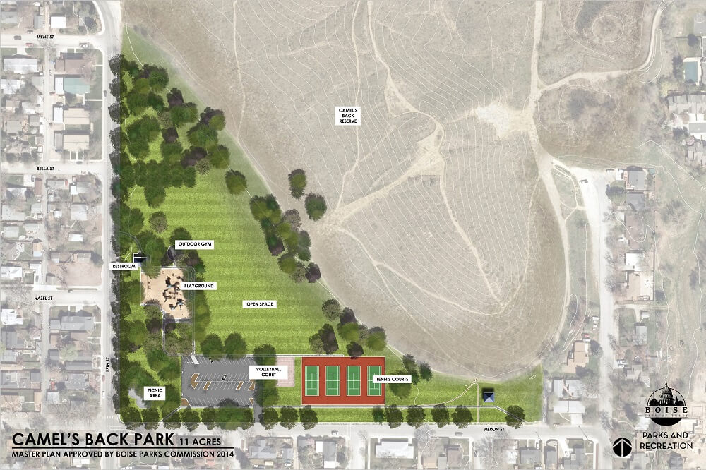 A map of Camel's Back Park, where parking is identified as assessible along Heron St on the South Side of the park