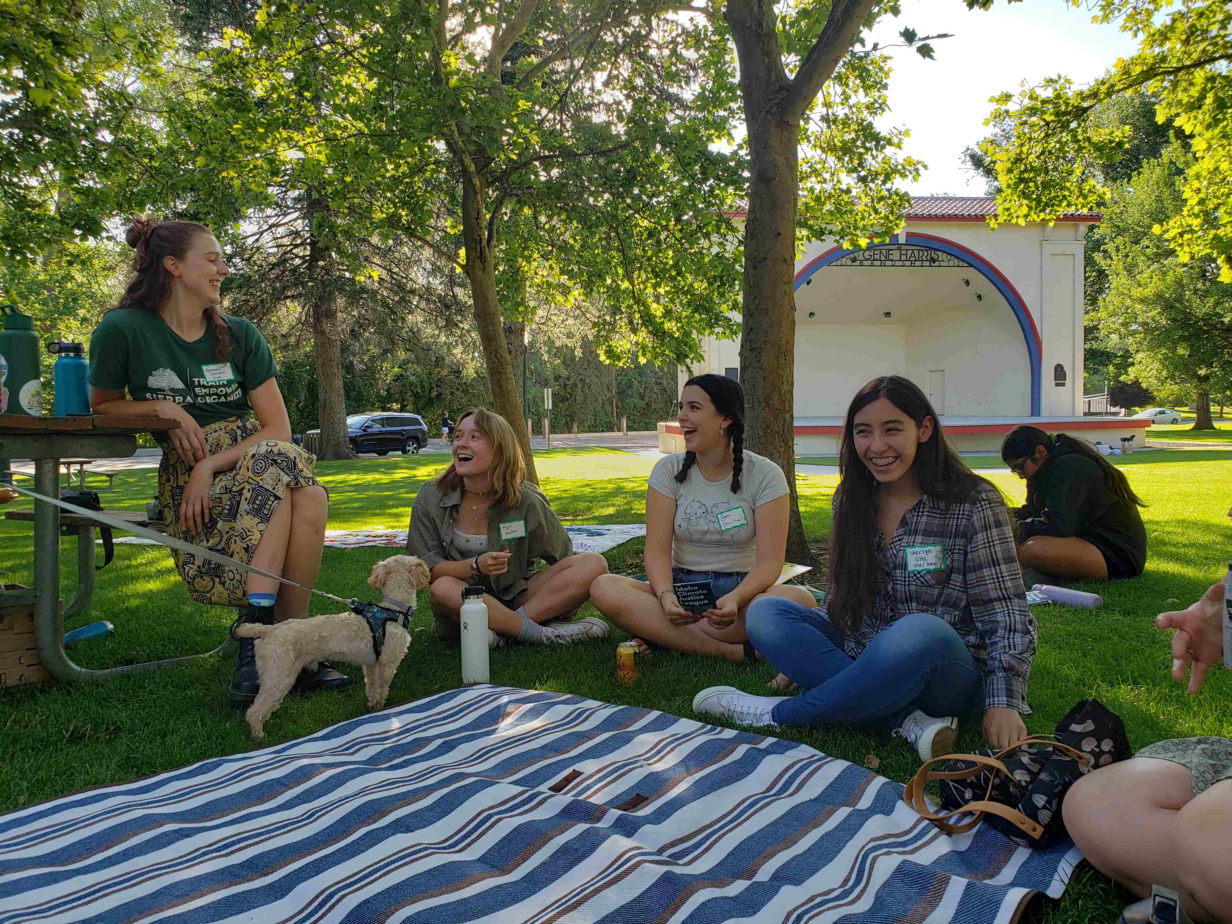 Photo of four individuals sitting in a park laughing, with a picnic nearby