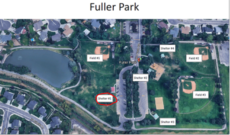 Map of Fuller Park with picnic shelter one circled. Picnic shelter one can be accessed by entering the park from the north side and sticking to the right. It is the first shelter on the right.