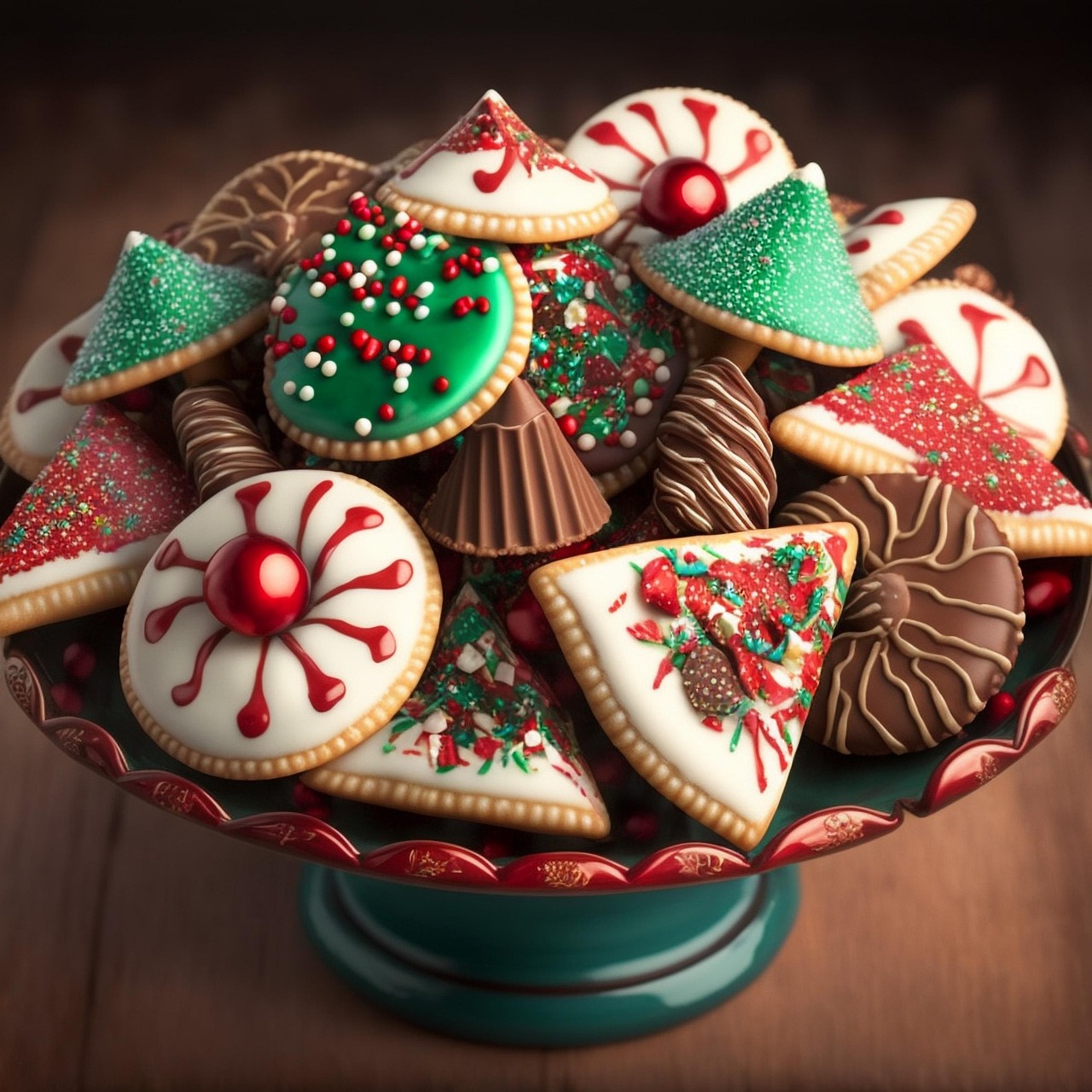 Dish of decorated holiday cookies