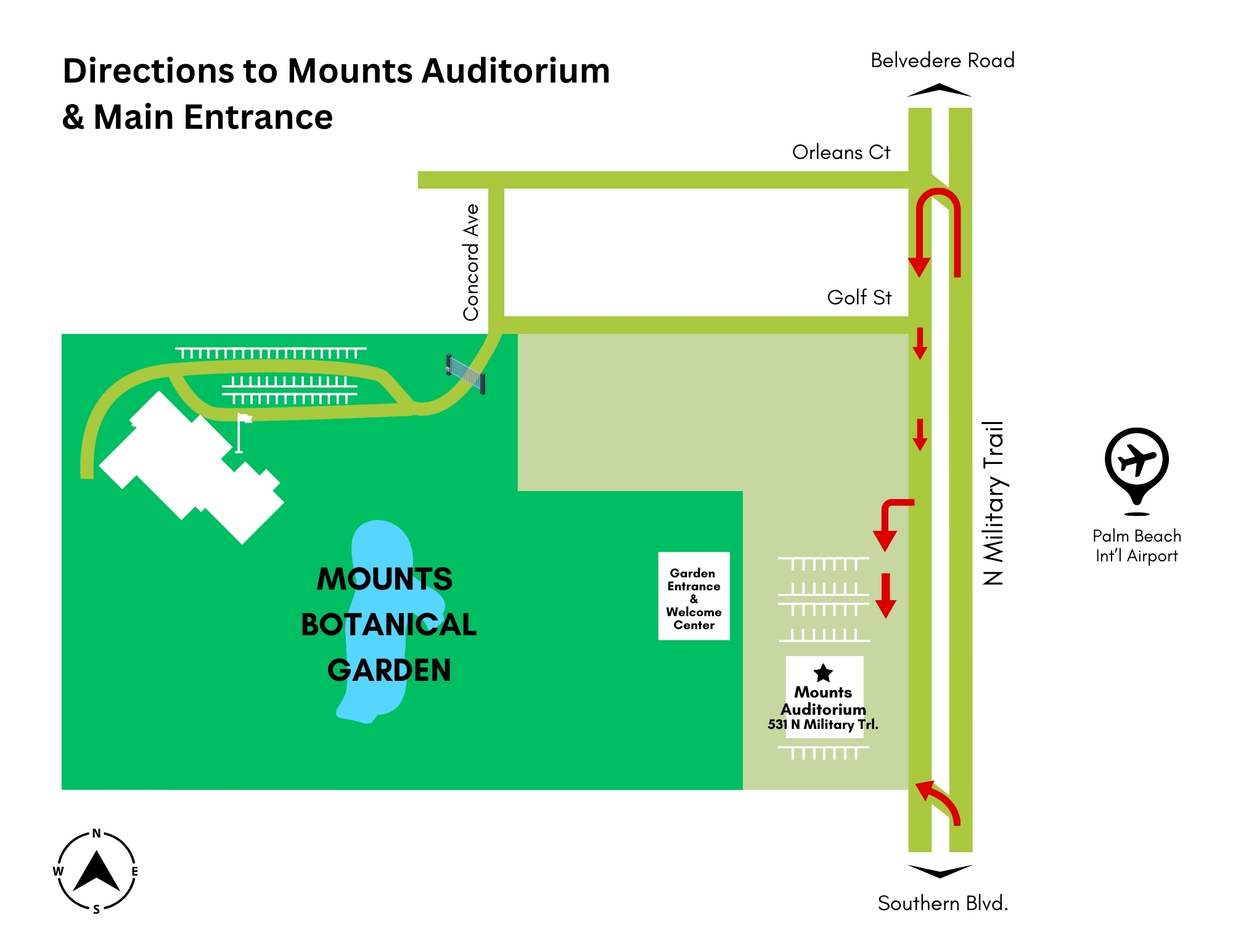 map of the campus at Mounts Botanical Gardens with the Hutcheson complex indicated by a white area