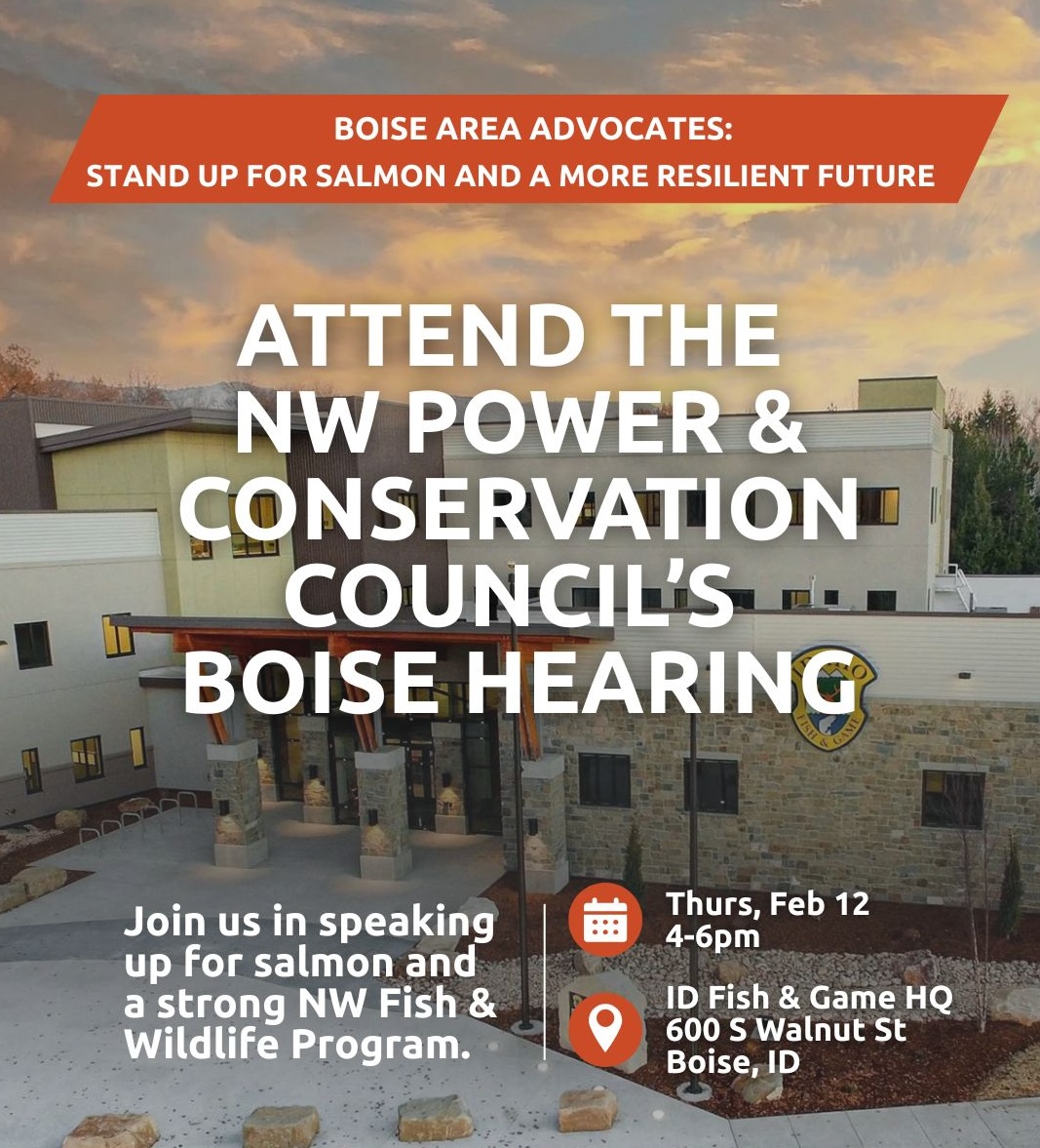 Picture of Idaho Fish & Game building in Boise at sunset, with words describing the hearing information on top