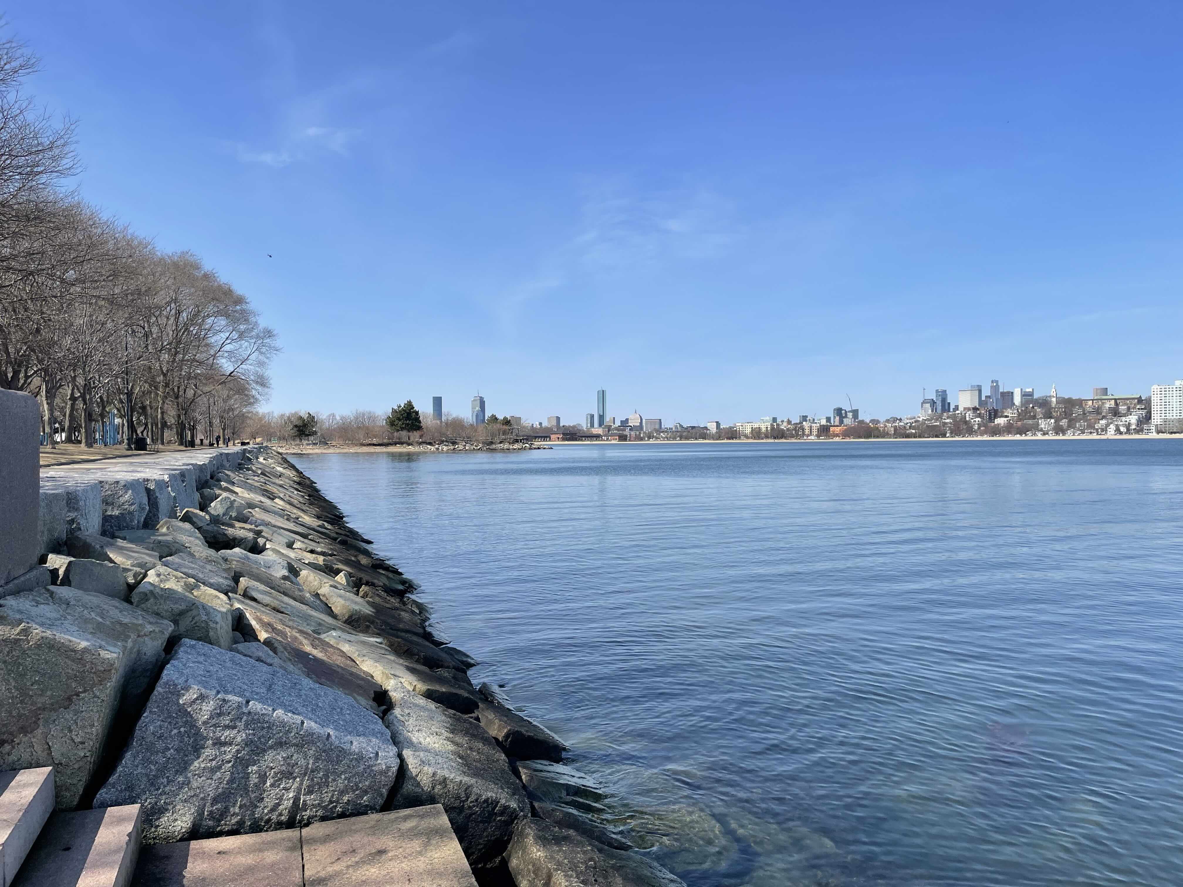 Boston skyline from along the South Boston Harborwalk