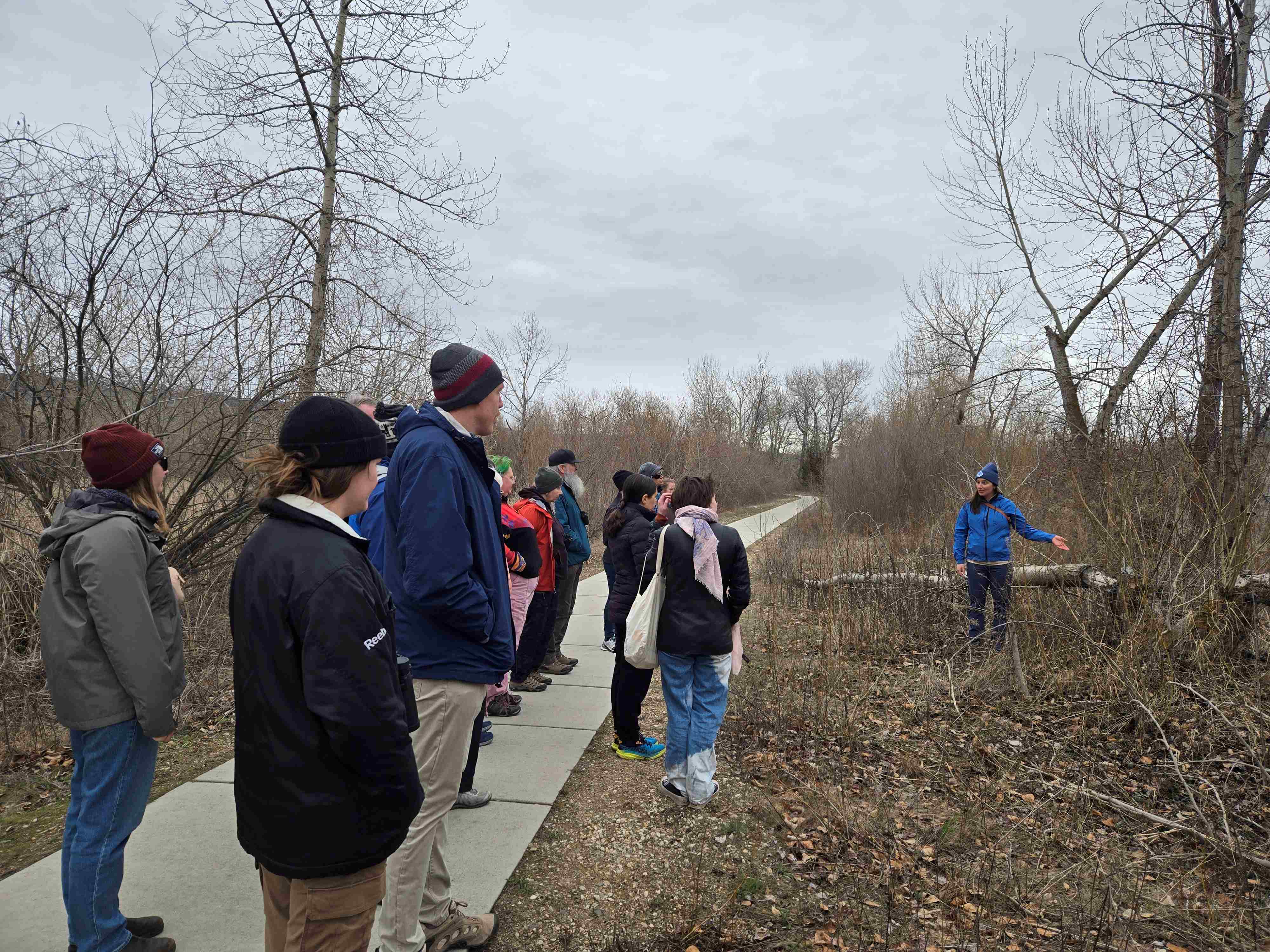 A woman in a blue coat points in the brush along the Greenbelt while talking to a group of 11 people.