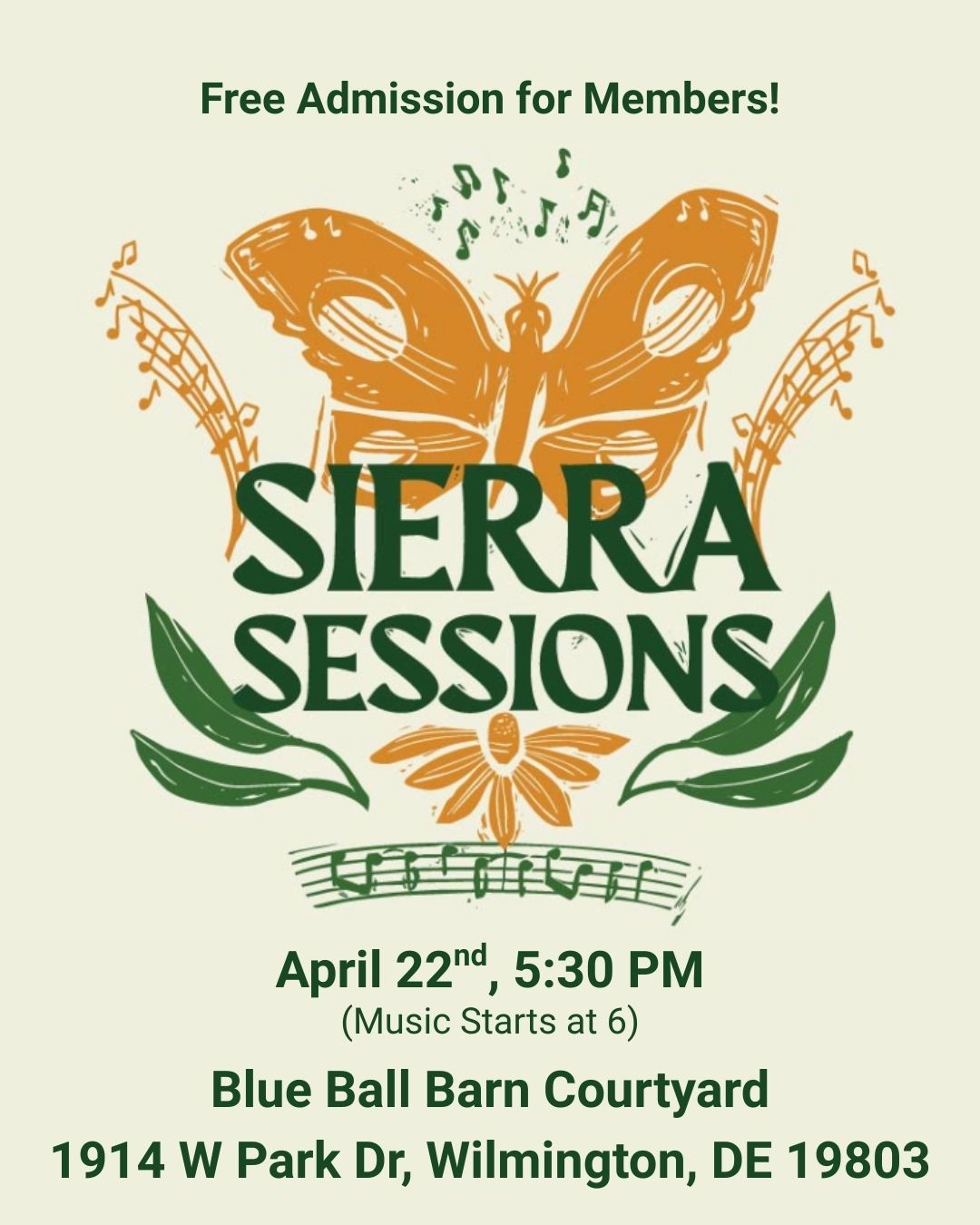 Sierra Sessions at Blue Ball Barn Gates at 5:30, Music at 6PM, Free to members!