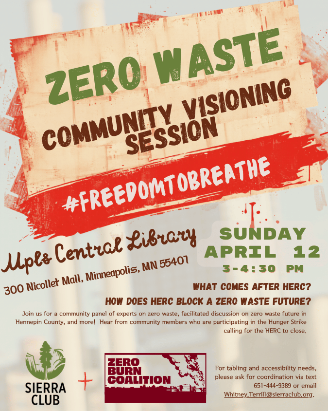 Flyer with details of a public event on the Hennepin Energy Recovery Center on April 12th at 3:00 PM.