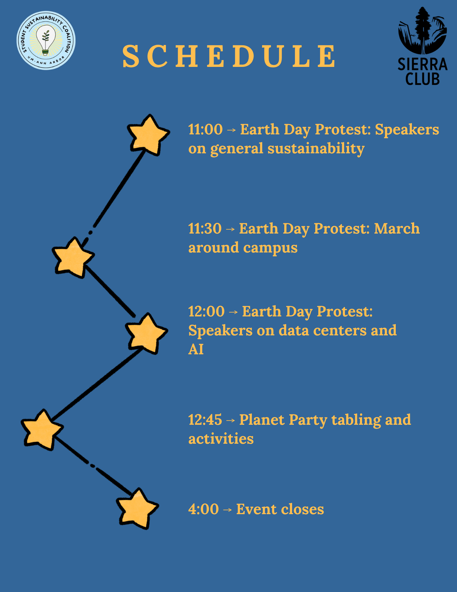 Planet party schedule on dark blue background with yellow stars