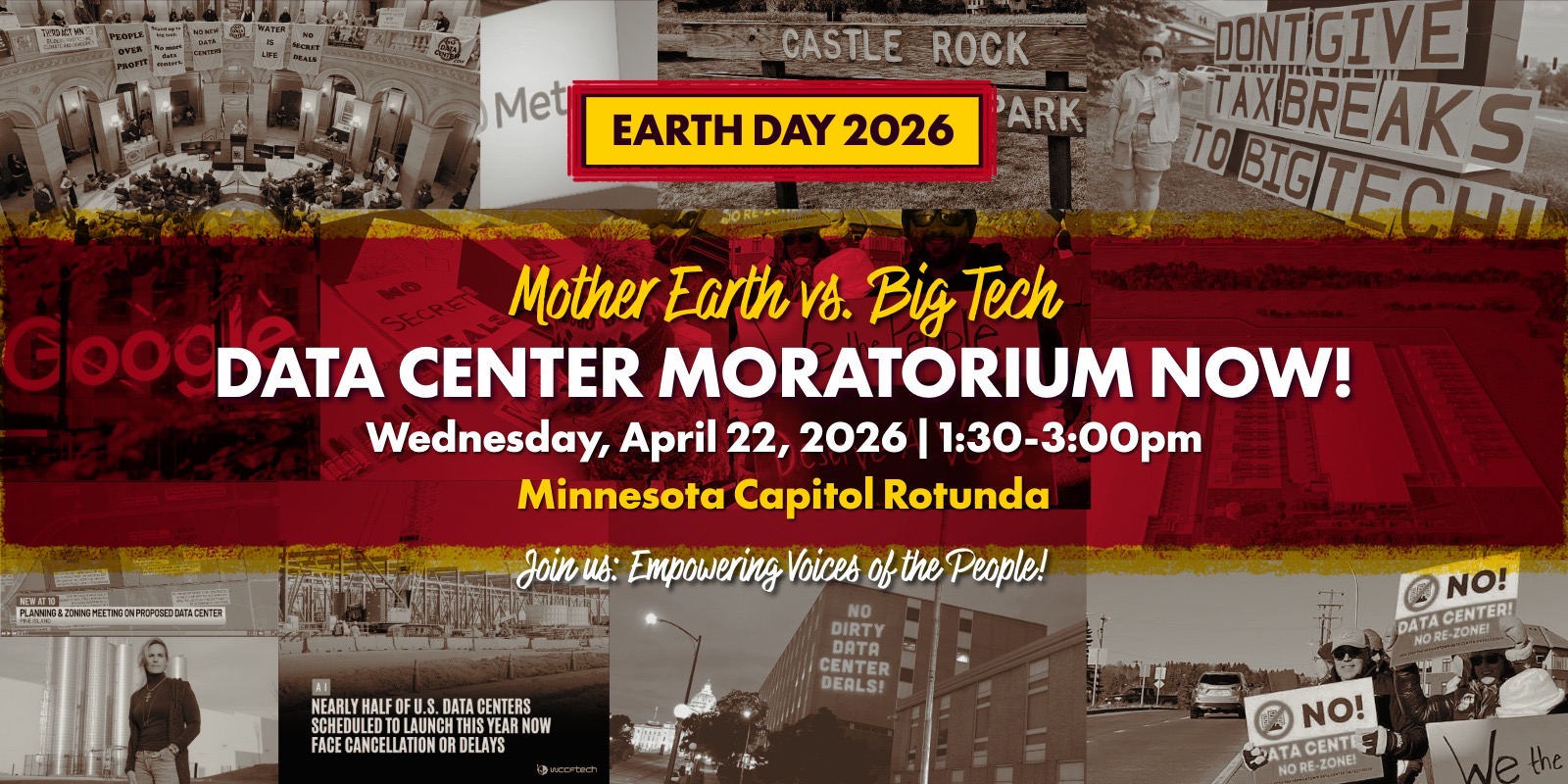 Poster for an Earth Day Rally for a Data Center Moratorium at the Minnesota State Capitol Rotunda, April 22, 2026, 1:30-3:00pm