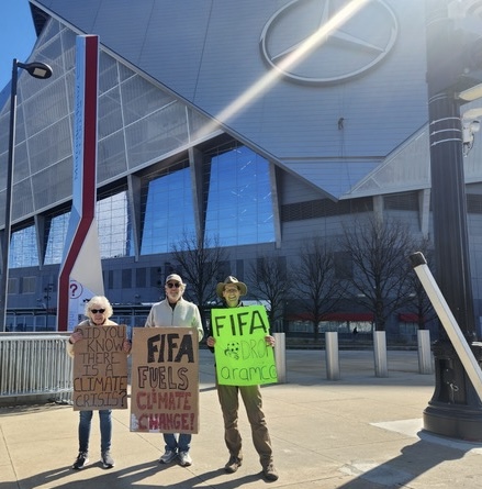 Sportswashing protestors at Mercedes-Benz Stadium, Feb 2026/Photo: John Duke