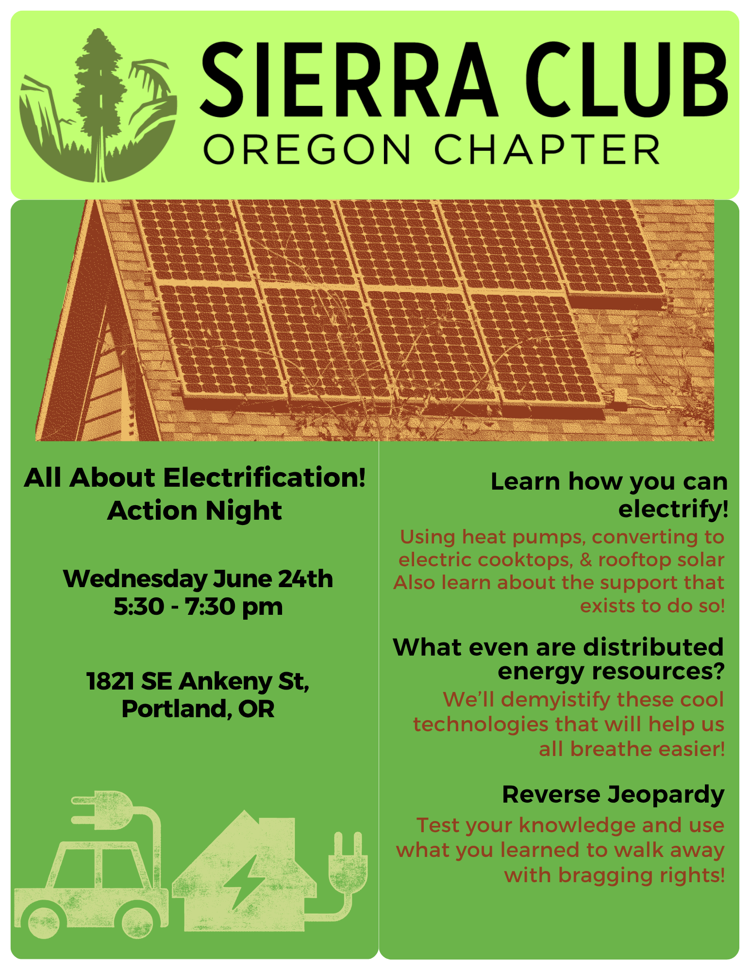 Poster detailing date and time of event with an agenda. Graphics include a rooftop solar array,  electric vehicle, and house with plug coming out of it.