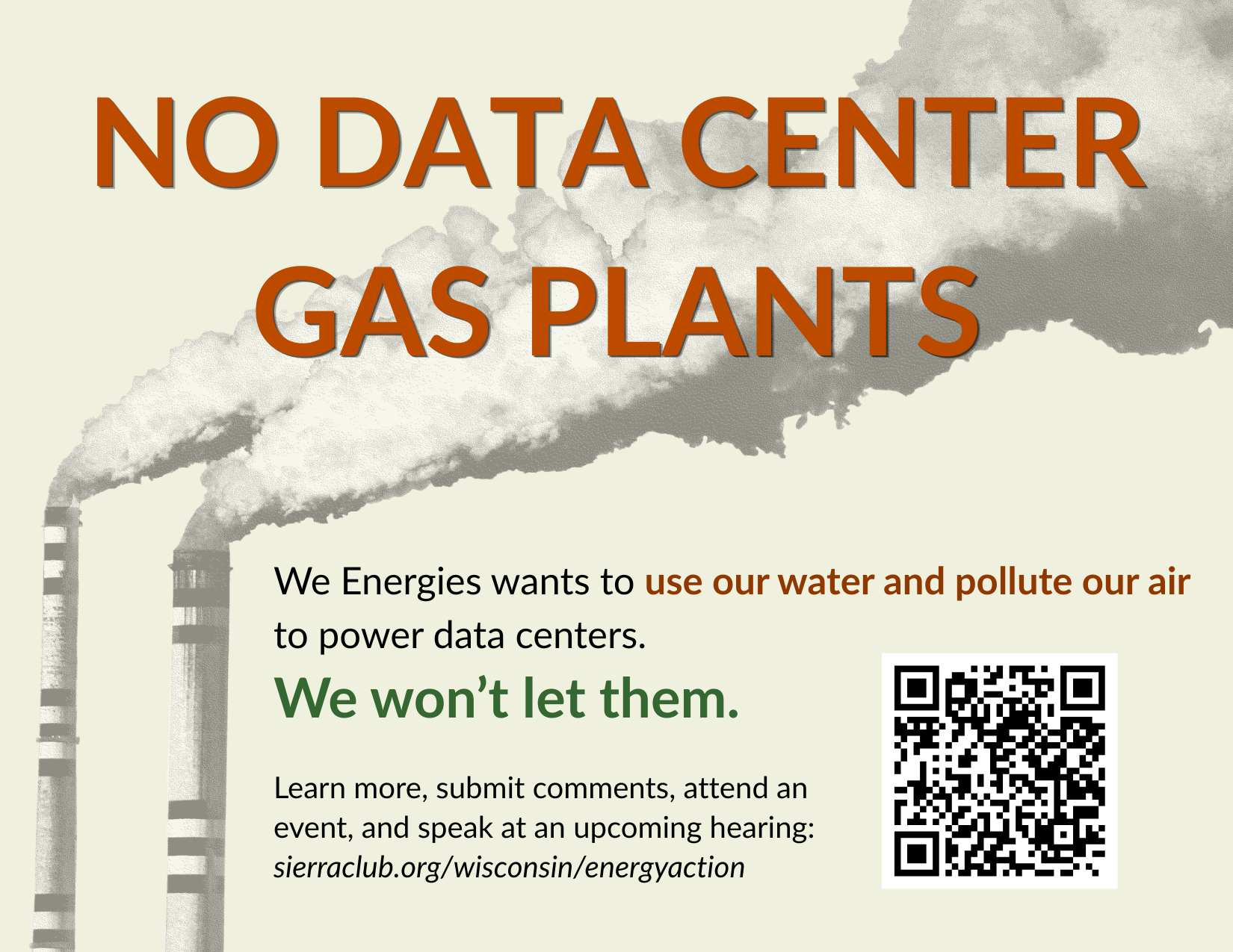 Image of smoke stacks with the text "no data center gas plants"